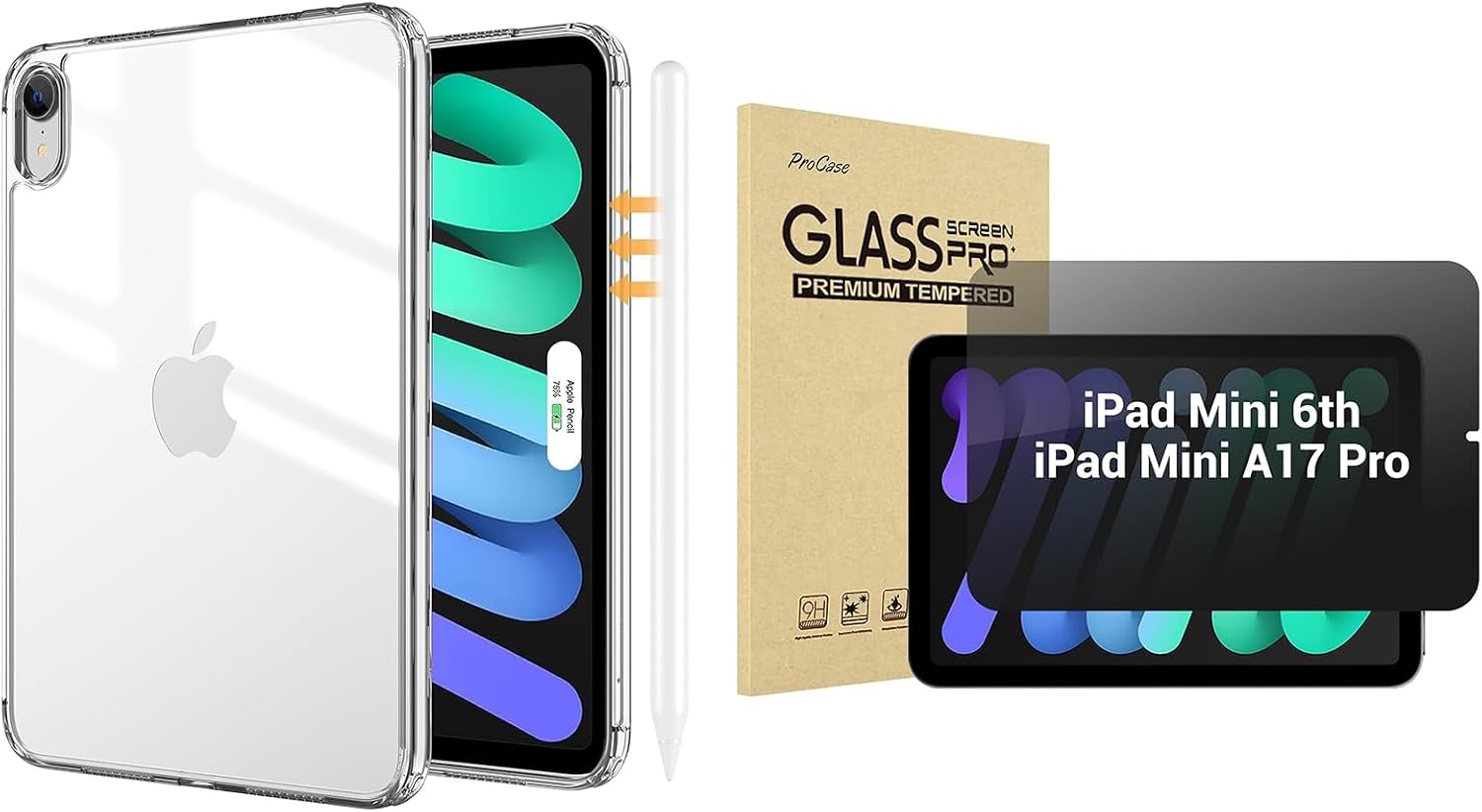 ProCase Clear Case for iPad mini 7th(A17 Pro) 2024 / Mini 6th Bundle with iPad mini 7th(A17 Pro) 2024 / Mini 6th Generation 8.3" 2021 4-Way Privacy Screen Protector