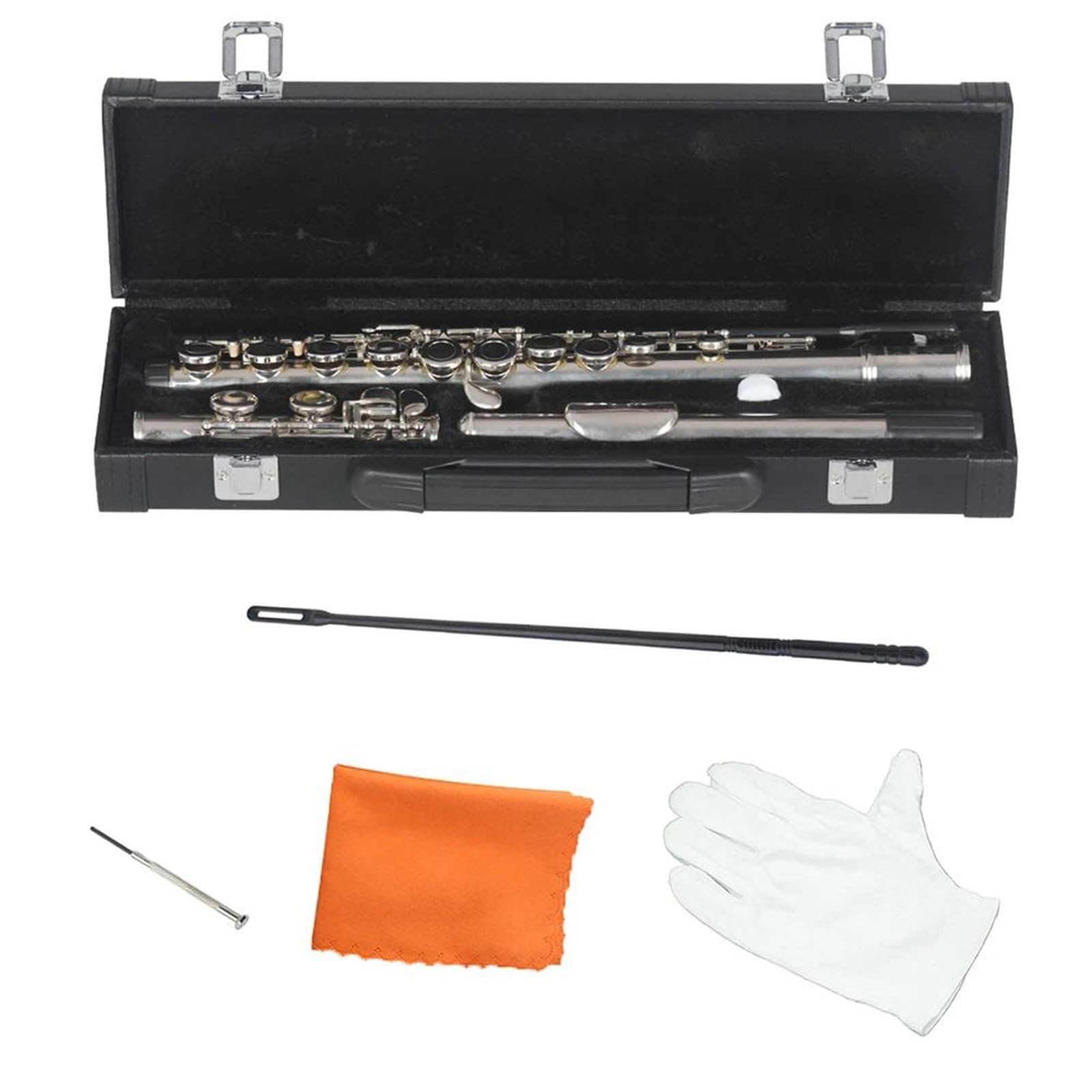 Flauta Transversal Flauta Travesera Profesional Con 16 Agujeros Cerrados Llave En C, Con Estuche Guantes Y Palo Instrumento Musical De Concierto(C)