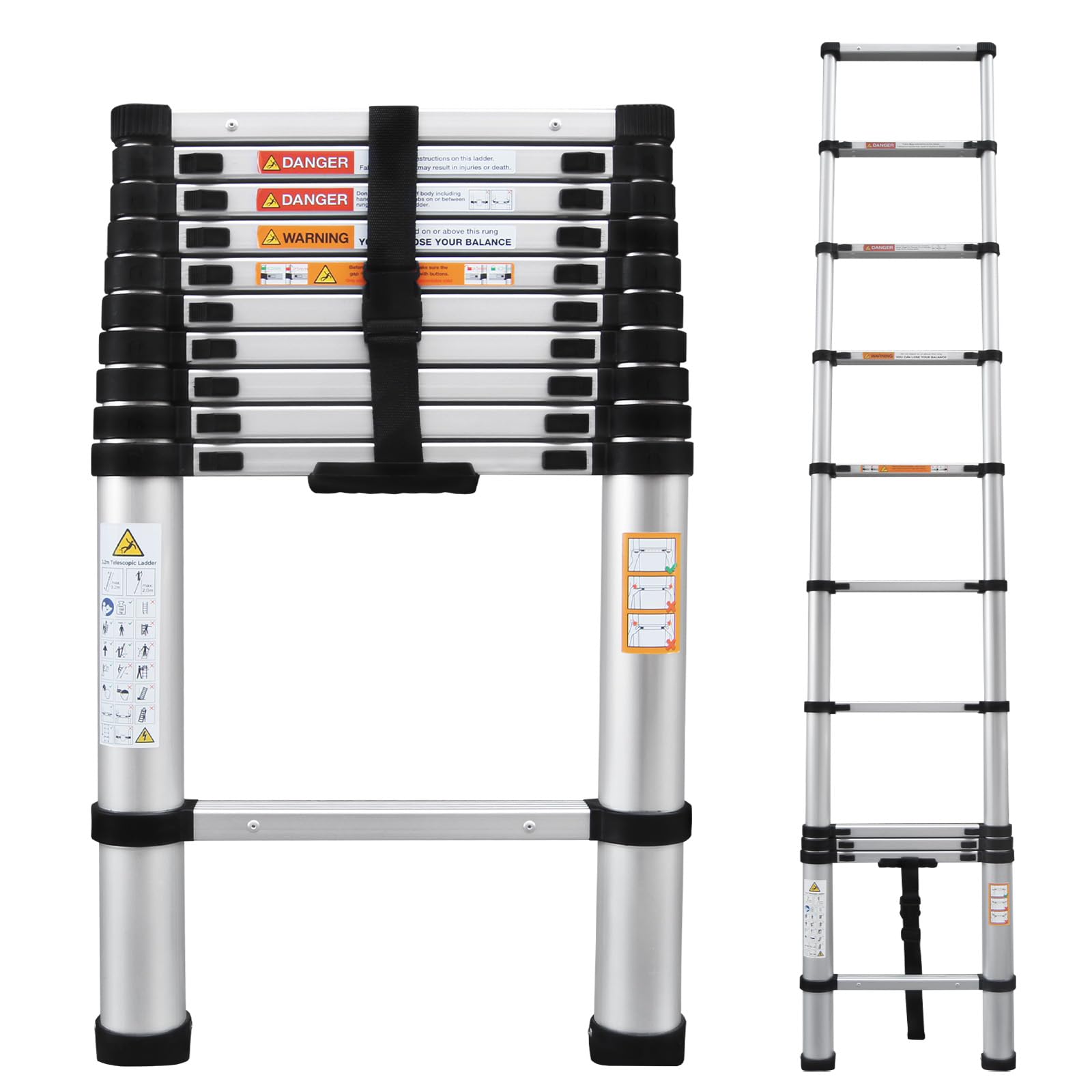 3.2m Aluminum Telescopic Ladder, Automatic Locking,Free Height Adjustment,Max. Load 150kg,Multi-Purpose Ladder for Garden, Indoor, Home