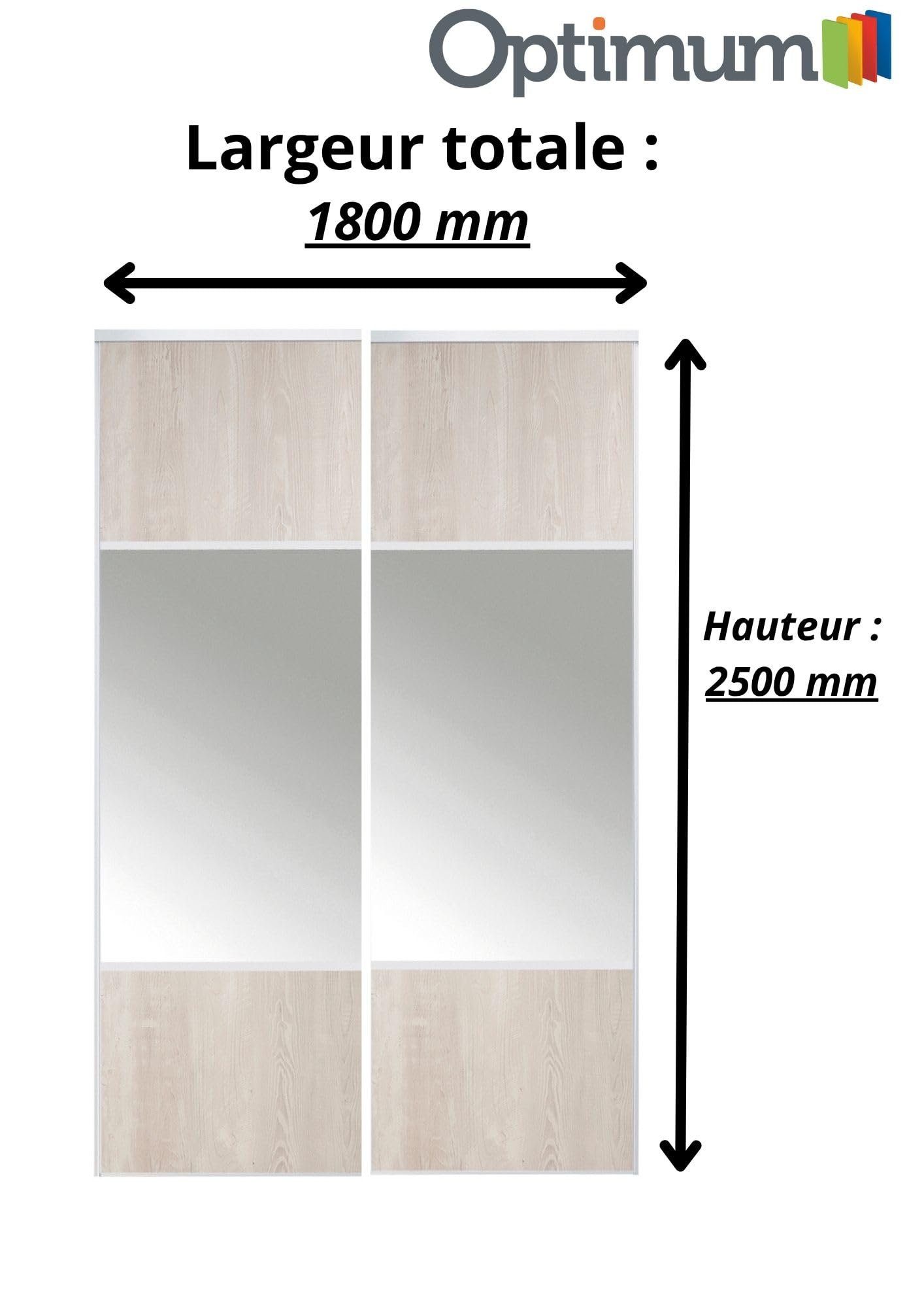 2 portes de placard coulissantes, hauteur 250 cm, largeur totale 180 cm, décor pin nordique, partitionné miroir argent, profils et rails gris inclus