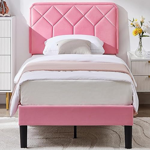 Miniatura 73 de VECELO Base de cama de tamaño matrimonial con plataforma tapizada de terciopelo de alta calidad con cabecera ajustable en altura / base de colchón,