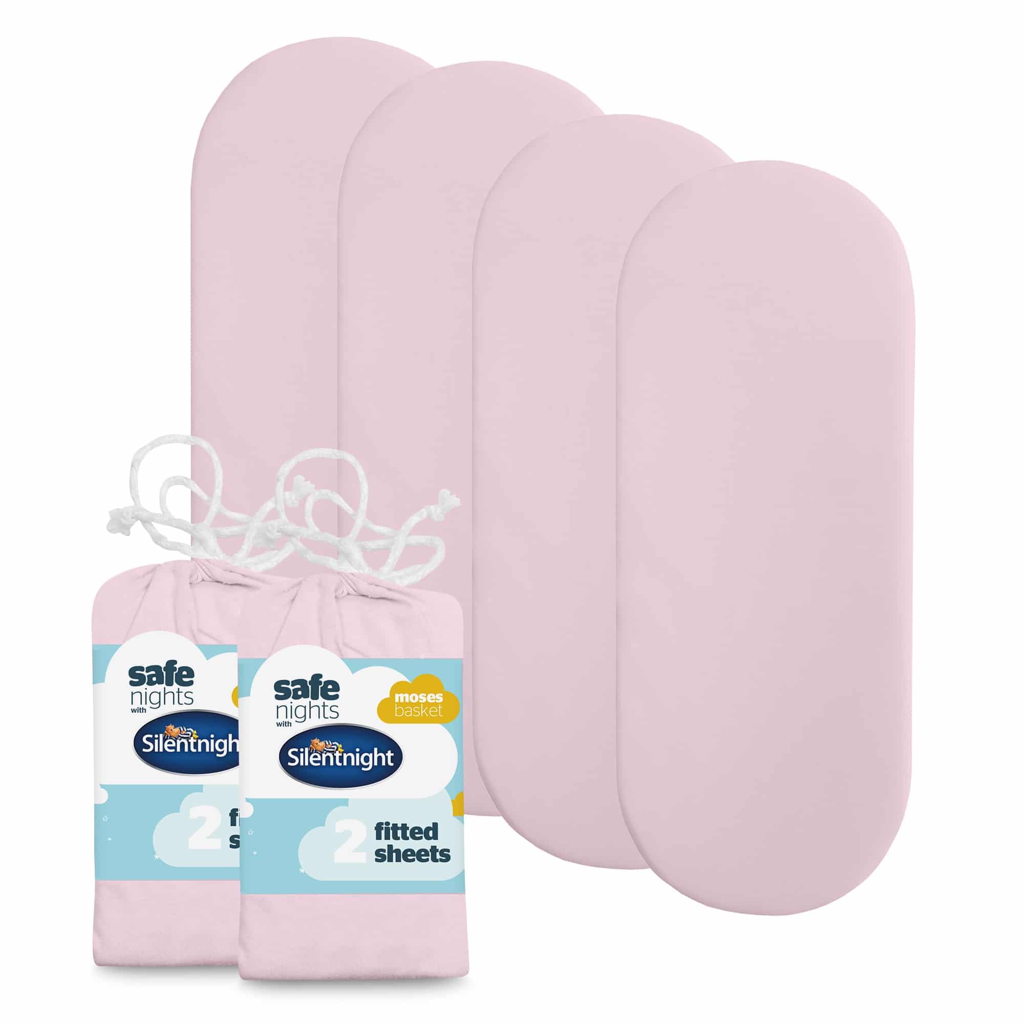 Silentnight Pink Safe Nights Fitted Sheet - Moses Basket Mattress - Breathable 100% Cotton Jersey - Super Soft Kind To Baby Skin - 74X27cm - Secure Fit With Elasticated Corners - 4 Pack,