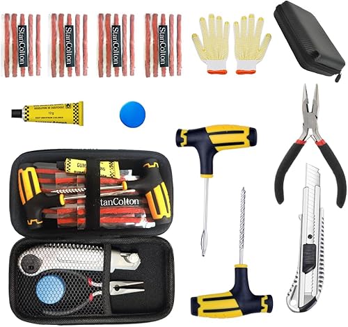 Kit de reparación de neumáticos, kit de tapones de neumáticos con mango en T mejorado para reparación de pinchazos planos, herramientas resistentes