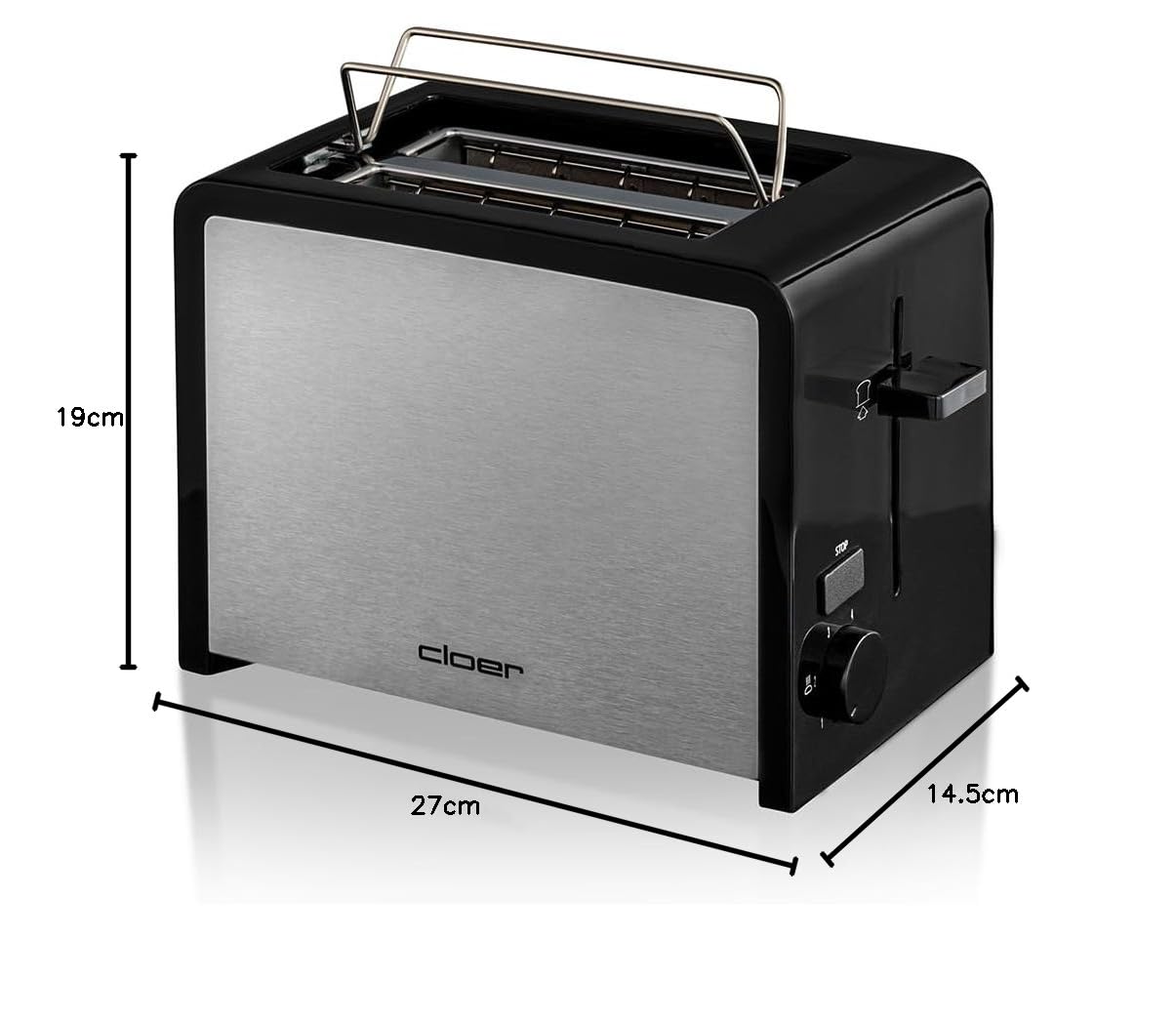 Cloer 3210 Tostadora para 2 tostadas, 825 vatios, calentador de panecillos incluido, dispositivo post-elevado, bandeja para las migas, aislada térmicamente, acero inoxidable esmerilado y negro