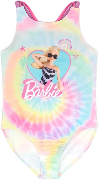 Barbie Swimsuit for Girls | Kids Fashion Doll Pink White Logo | Tie Dye Swimming Costume | Children s All in One Swimwear