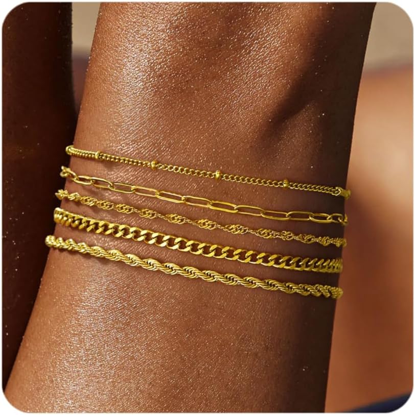 Non Tarnish Dainty Gold Bracelet Stack for Women Waterproof,Thin...
