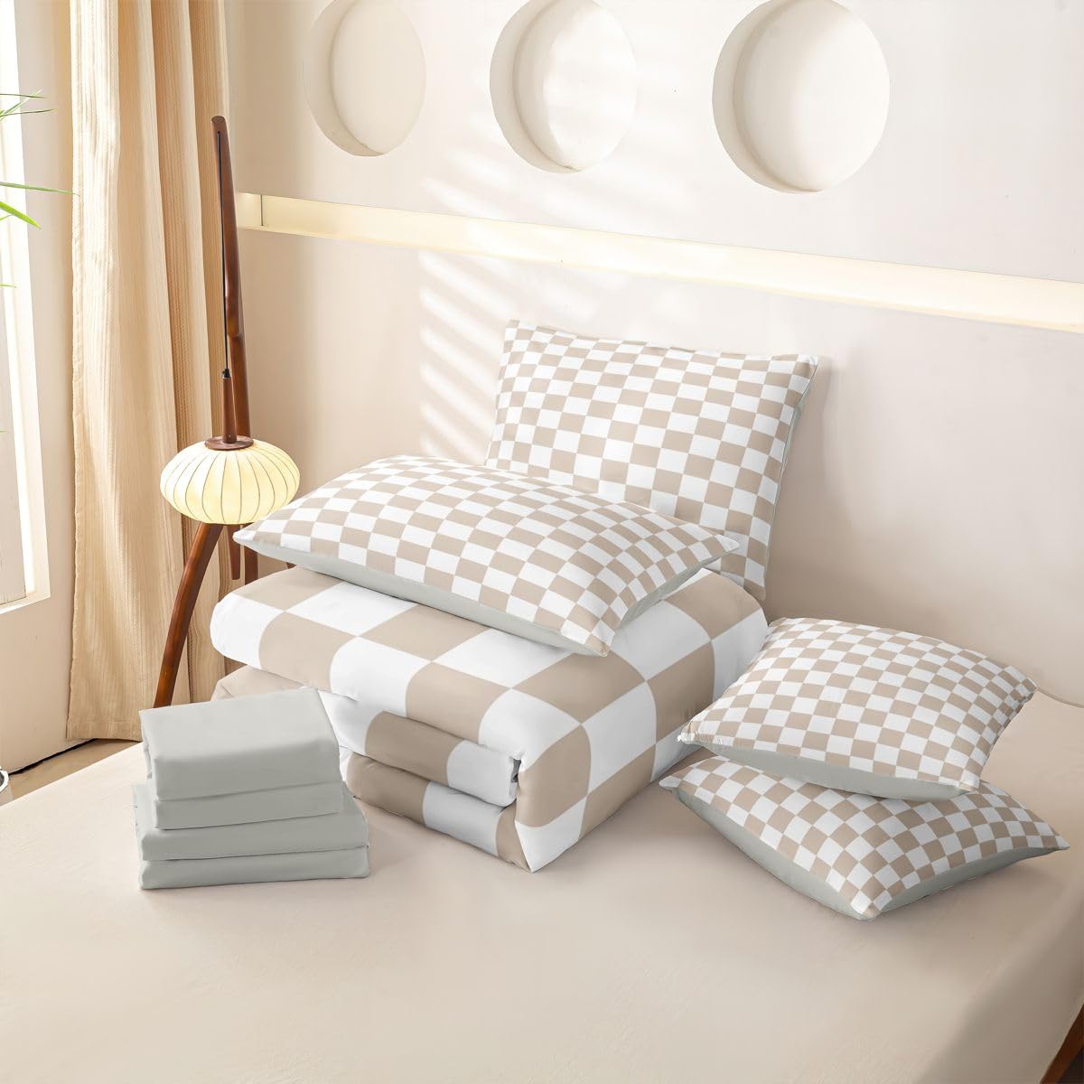 Loussiesd Juego de funda de edredón a cuadros grises tamaño King de 7 piezas, juego de ropa de cama a cuadros en una bolsa con funda de edredón, sábanas, fundas de almohada, fundas de cojín