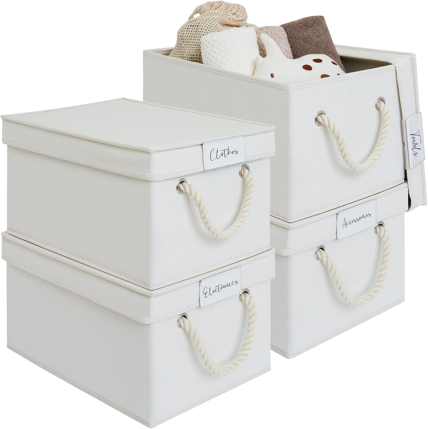 LoforHoney Home Fabric Storage Bins with Lids for Organizing, Foldable Storage Boxes with Lids for Shelves, Clothes Baskets with Cotton Rope Handles, Closet Storage Bins, Large, Beige, 4-Pack Large-4 Pack Beige