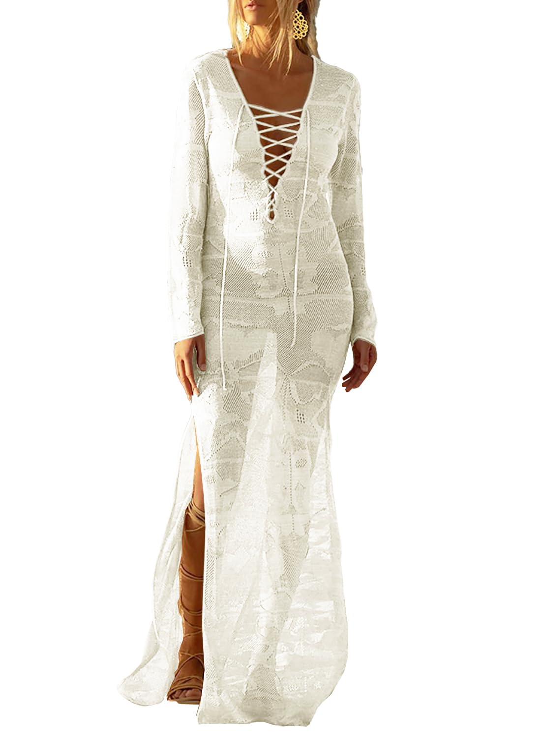 NLAND Vestido de Playa Mujer Trajes de baño Bikini Cover up Caftan Largo Verano Vestido con Encaje de Crochet Sexy Beachwear Vestido de Noche