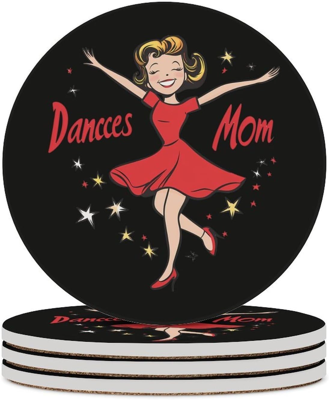 Dancing Mom Coasters for Drink Round Ceramic Coaster with Cork Base Home Decorative 6PCS
