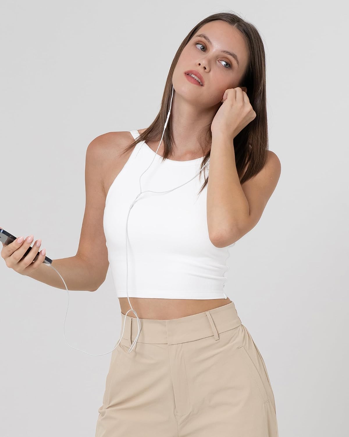 Women's High Neck Workout Tank Top with Built in Bra Crew Neck Strap Tank Cotton Ribbed Gym Yoga Cropped Tank