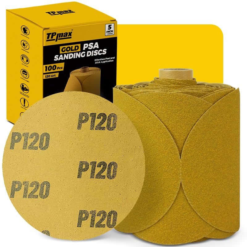 100PCS 5 Inch PSA Sanding Discs 120 Grit | Self-Adhesive Sandpaper Roll for DA Sanders, Orbital Sander | Gold Aluminum Oxide Sticky Back Abrasive Discs for Automotive, Woodworking, and Metal Polishing