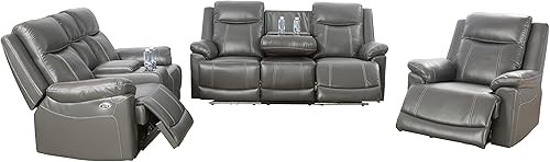 Miniatura 3 de Juego de sofá reclinable de 3 piezas, muebles de sala de estar, tapicería de cuero de aire, puertos de carga USB 2.0, tiras de luz LED, mesa