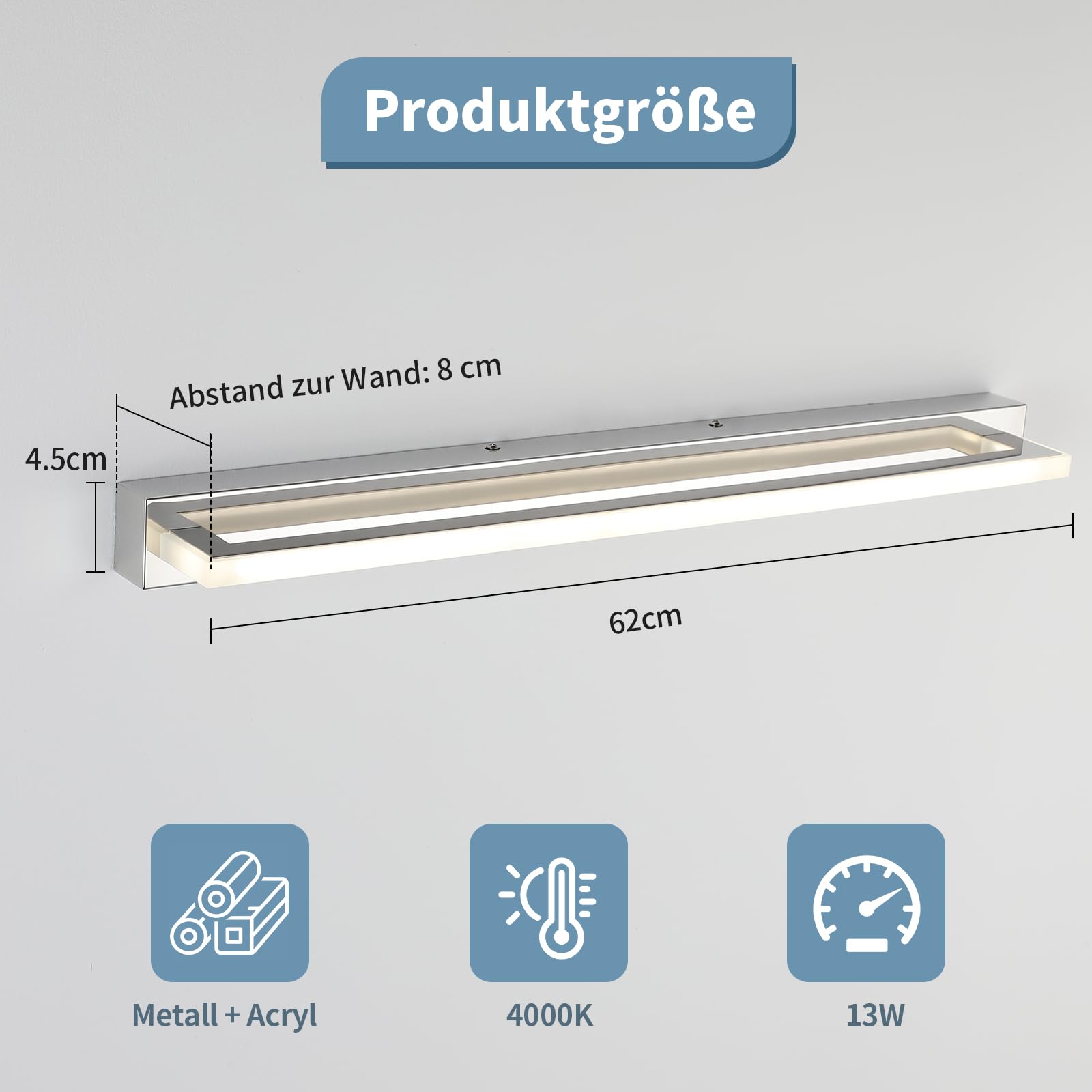 Lampada da Specchio per Bagno 62cm, 13W Applique LED da Specchio Bagno Moderno, Bianca Neutra 4000K Illuminazione da Parete IP44