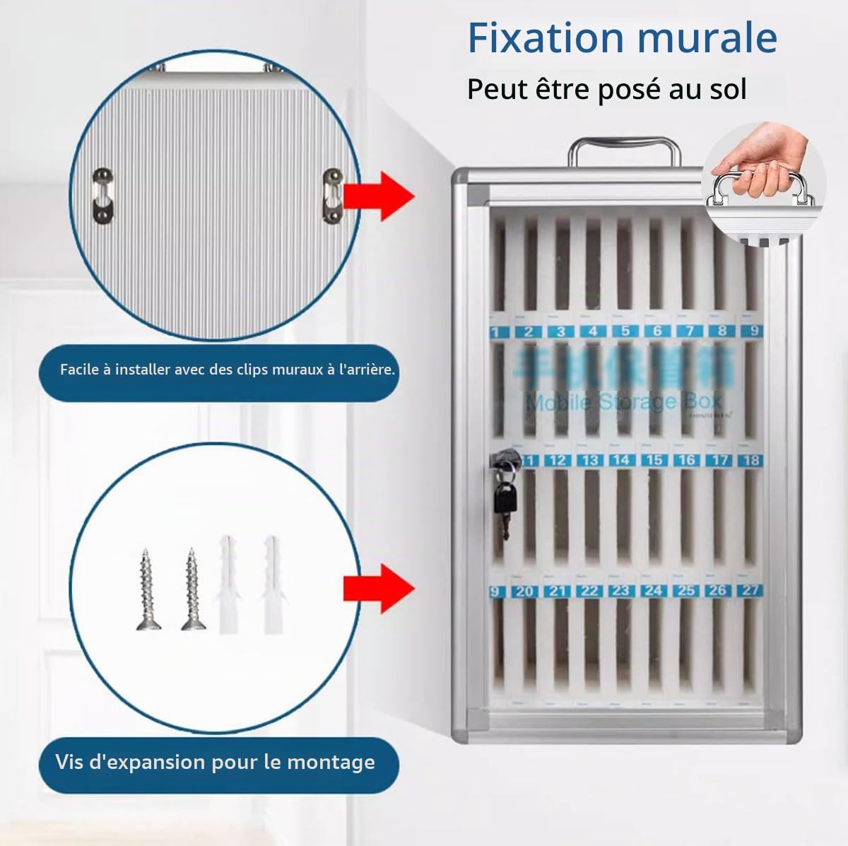 Armoire de rangement pour téléphone portable - 12/24/36/48/60 emplacements - Avec poignée de transport, serrure, aluminium, montage mural ou boîte de gestion de bureau - Convient pour l'école