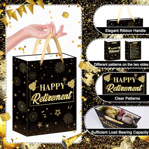 Frakron Happy Retirement Gift Bag with Retirement Wrapping Paper and Funny Retired Card, Retired Gifts Bag Black & Gold Retired Party Decorations for Men & Women Farewell Party Supplies