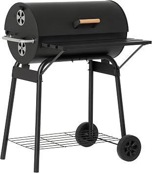 Outsunny 30" Portable Barrel Charcoal BBQ Grill w/Storage Shelf Black | Steel Outdoor Barbecue Smoker, 370 Sq In Cooking Area, Wheels, for Garden Camping Picnic