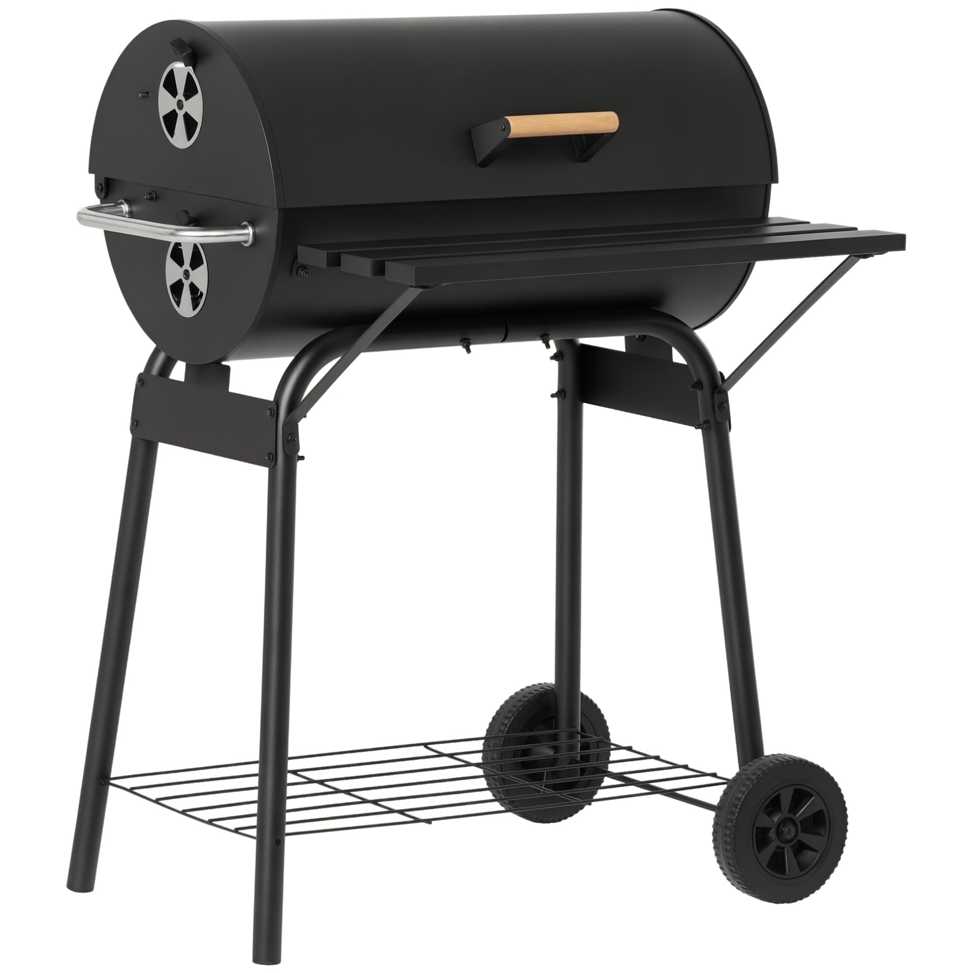 Outsunny 30" Portable Barrel Charcoal BBQ Grill, Steel Outdoor Barbecue Smoker with 370 Square Inches Cooking Space, Storage Shelf, Wheels for Garden Camping Picnic, Black