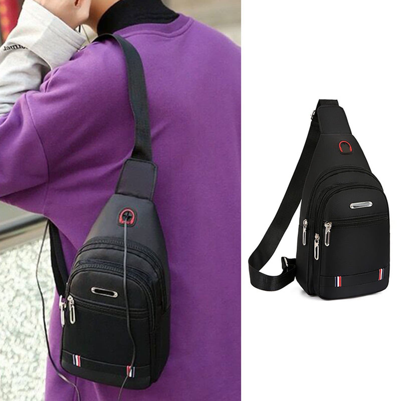 Dilwe Sac de Poitrine Hommes Tissu Oxford Polyester Grande Capacité Sac à Bandoulière Léger