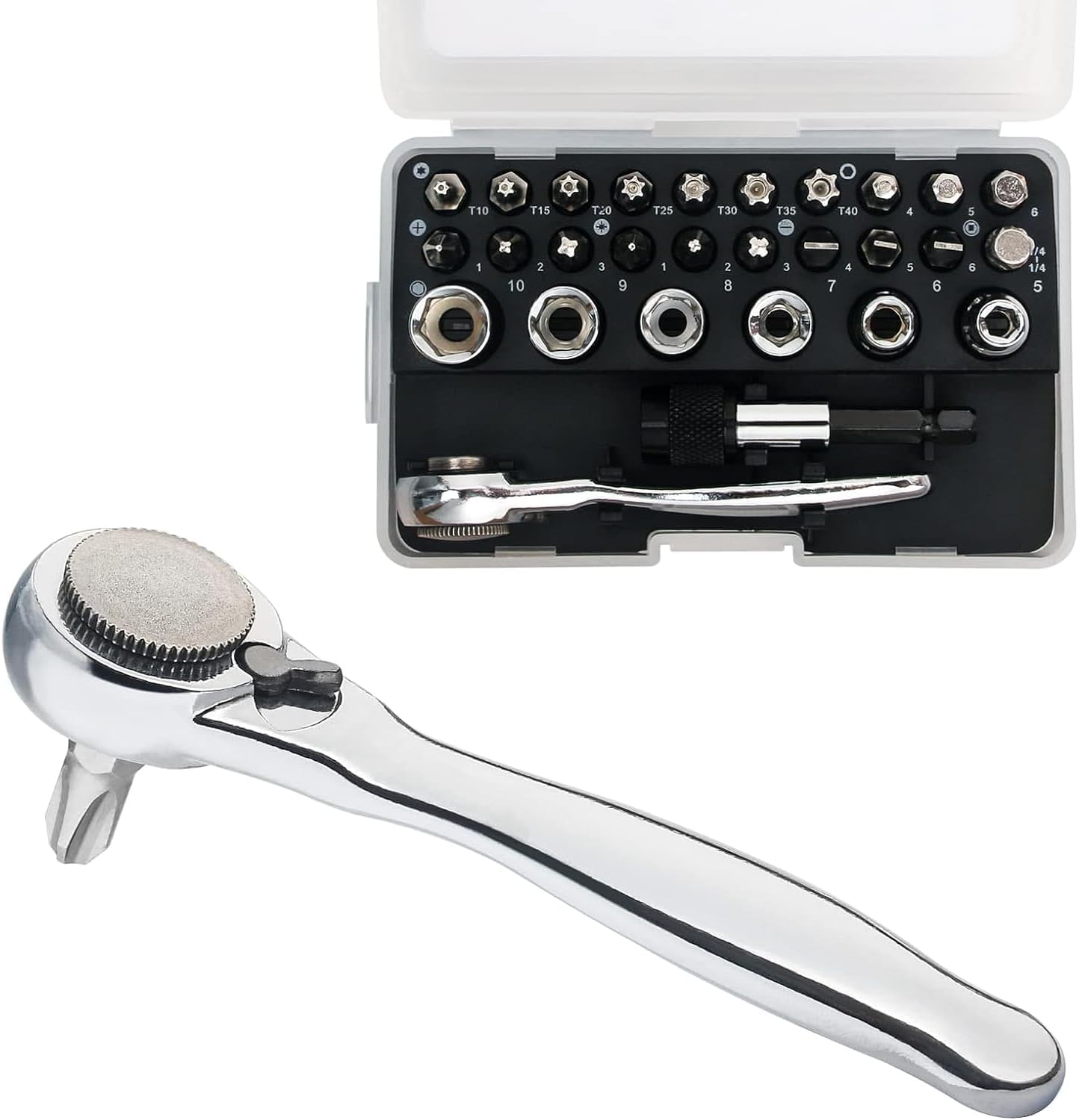 SHARDEN 1/4 Mini Ratchet Set 28pcs Right Angle Screwdriver and Bit with Metric Socket Set, 72 Tooth Small Ratcheting Wrench Offset Screwdriver Low Profile Stubby Ratchet for Tight Spaces