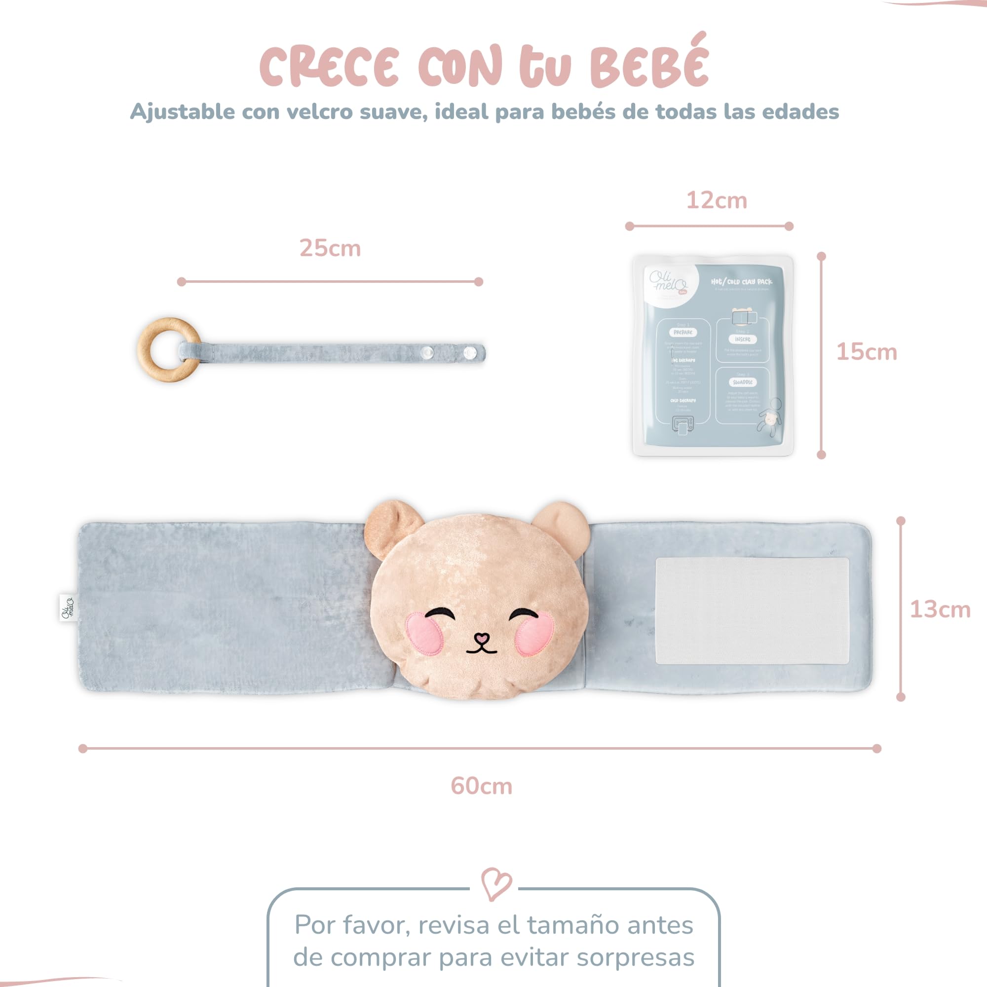 Alivio de Cólicos y Gases para Bebés - Calor y Frío - Almohadilla de Arcilla para Barriguita y Reflujo - CE Certificado - Mordedera de Madera, Banda de Peluche, Infantes