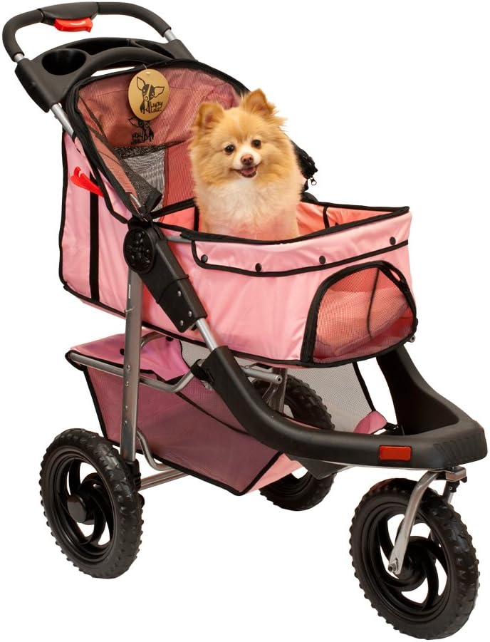 One Hand Closure Folding 3 Wheel Dog Cat Pet Jogging Stroller Carrier Light Pink