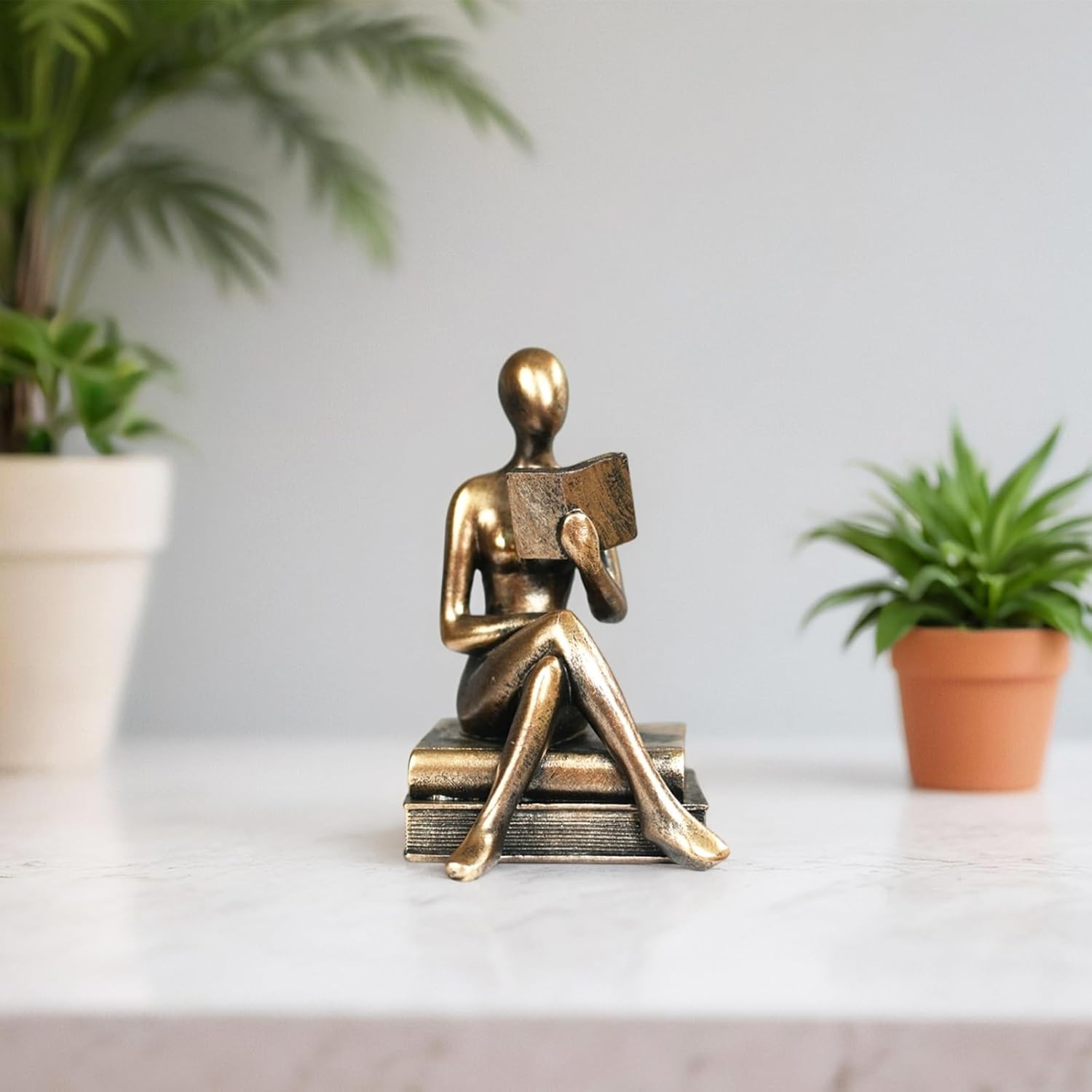 Abstract Woman Statue，Minimalist Home & Office Decoration,Artistic Figurine，Elegant Reading Coffee Table Bookshelf Modern Home Decor Unique Desk Ornament (Sitting with Cross Legged - Bronze)