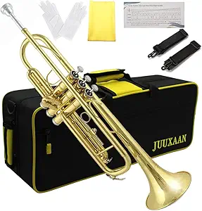 JUUXAAN Brass Standard Bb Trumpet Instrument with Hard Case,Gloves, 7C Mouthpiece for Student Beginner (golden)