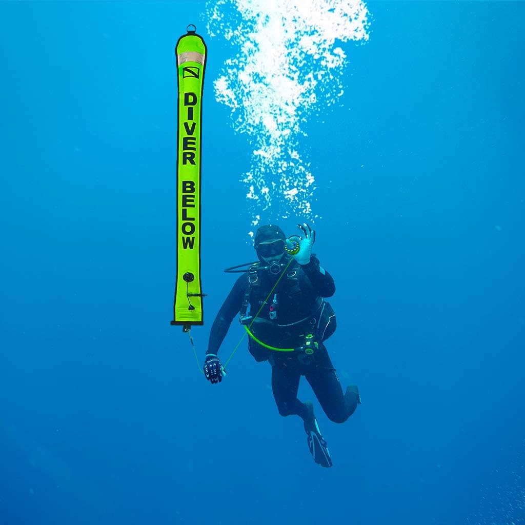 5ft Scuba Diving Open Bottom Surface Marker Buoy (SMB) with 98ft Finger Spool Alloy Dive Reel and Double Ended Bolt Clip