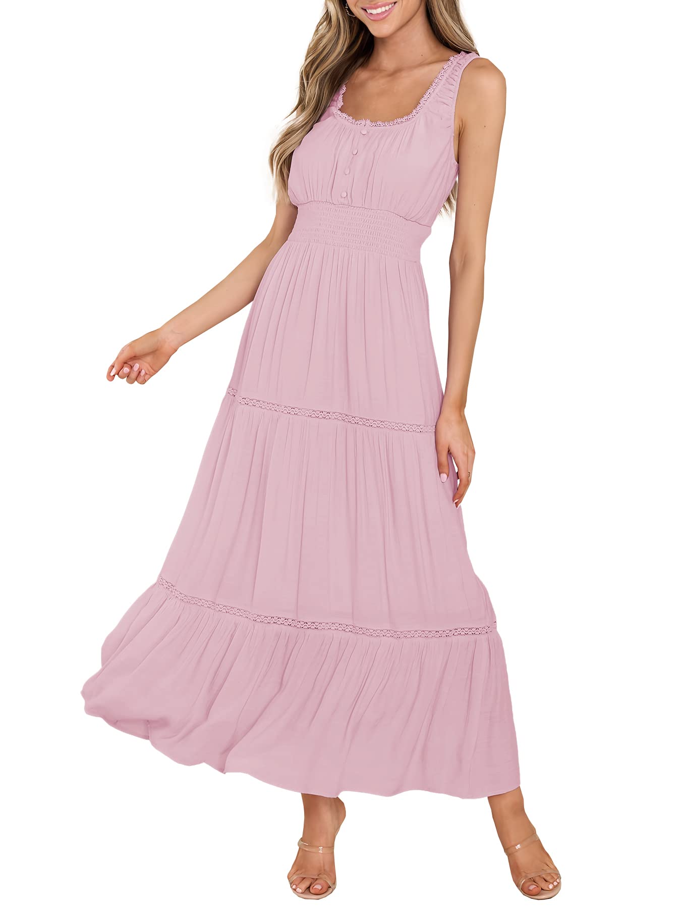 MITILLYWomen's Summer Sleeveless Lace Trim Square Neck Smocked A-Line Flowy Tiered Maxi Dress with Pockets