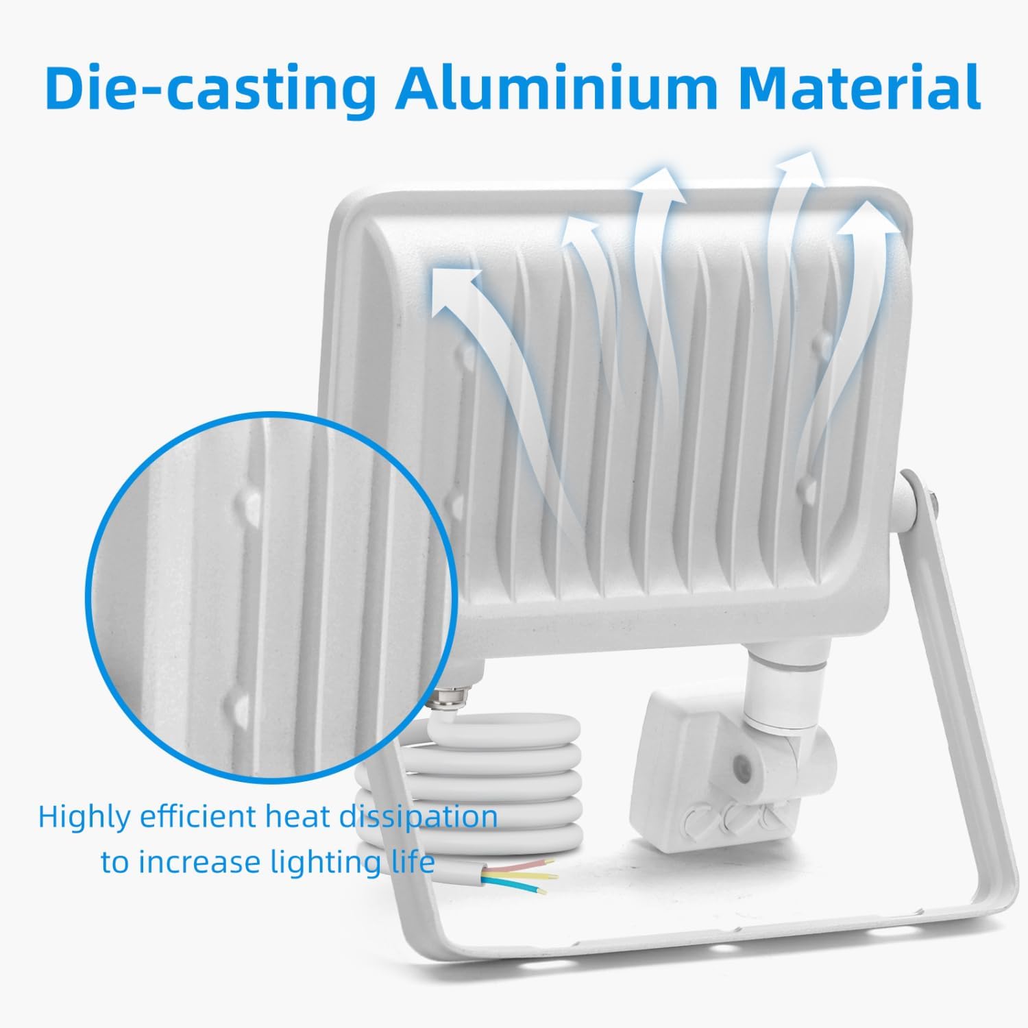 Close-up of the Aigostar LED Floodlight's rear, highlighting the die-cast aluminum material and fin design for efficient heat dissipation.