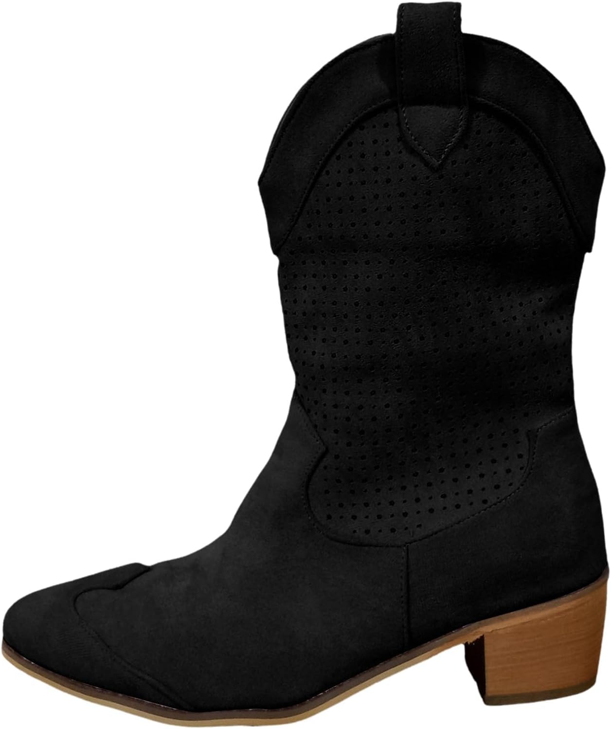 Cowboy Boot for Women Suede Chunky Low Wooden Heel Ankle Boots Pointed Toe Casual Chelsea Modern Western Booties Hollow Out Breathable Short Booties Shoes