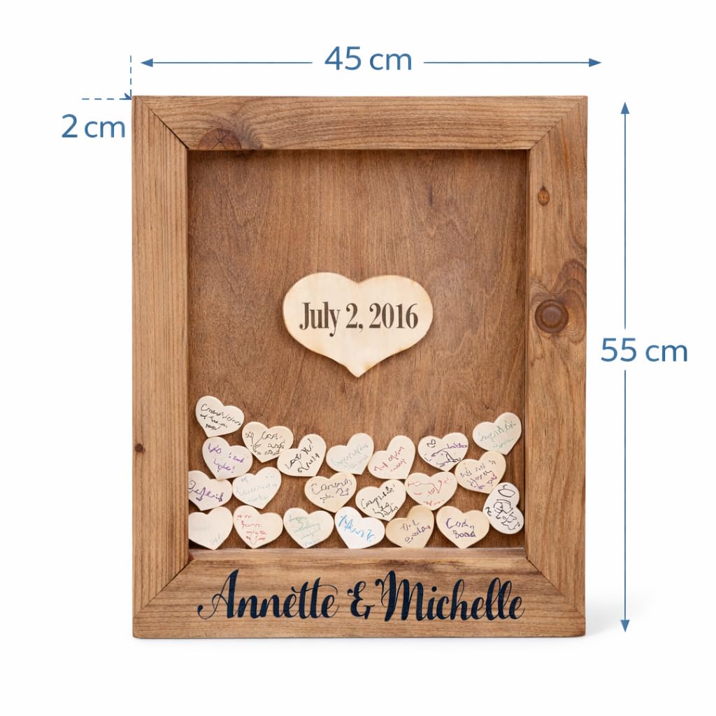 Libro de Firmas Boda con 100 Corazones de Madera y Marco Rústico 45x55 cm – Personalizable – Regalo Original para Bodas, Aniversarios y Bodas de Oro