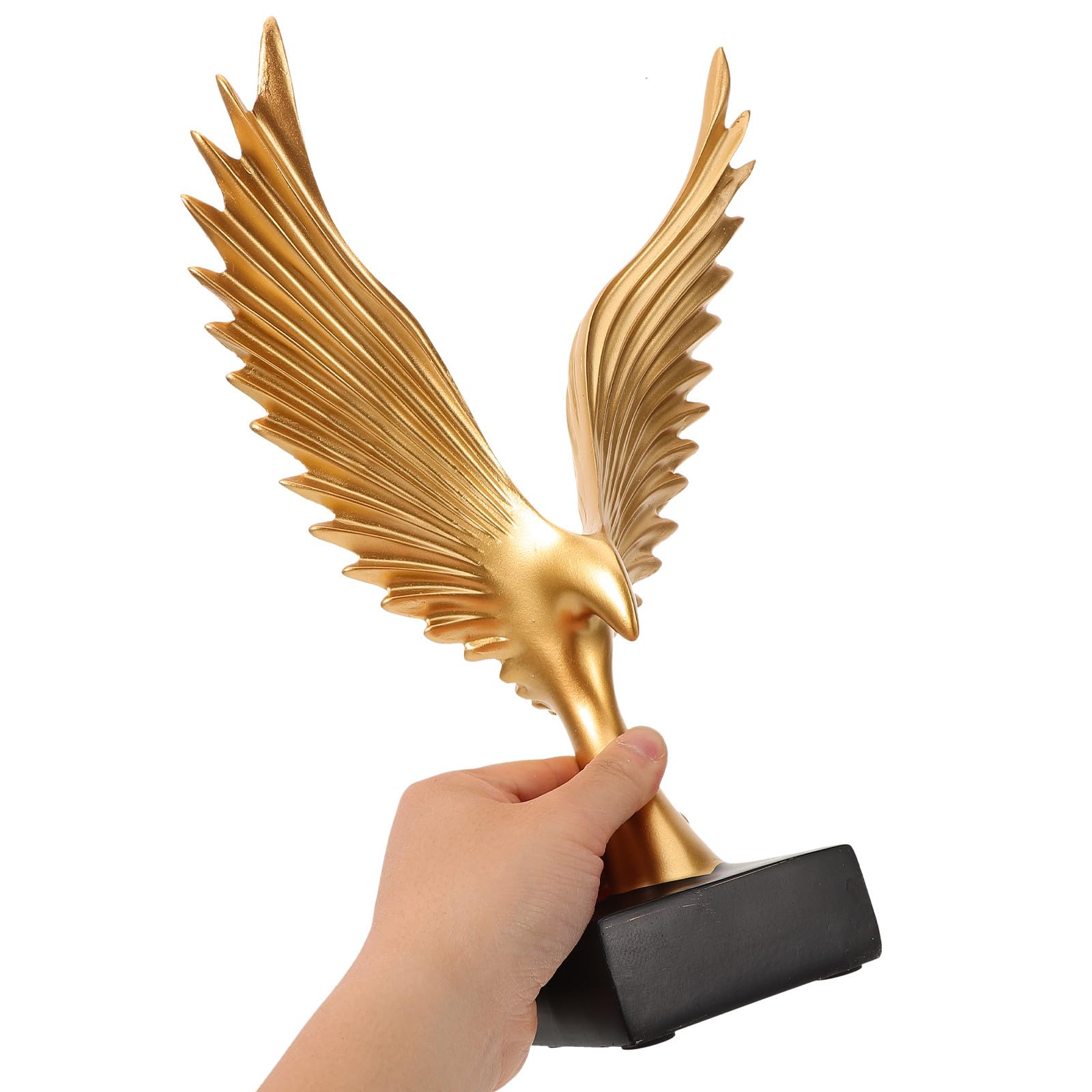 Kunstharz Statue mit Abstraktem Greifvogel Design Goldfarbene Vogelskulptur als Elegante Büro und Wohnraumdekoration Modernes Kunstobjekt für Regale