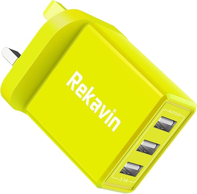 USB Plug Charger,Rekavin 3 Port Multi USB Plug Adaptor UK Triple Way 3 Pin USB Wall Mains Plug with Smart IC Fast Charging,Charge for iPhone 13 12 11 10 XS Max XR X 8 7,Samsung S10 S9,Huawei,iPad