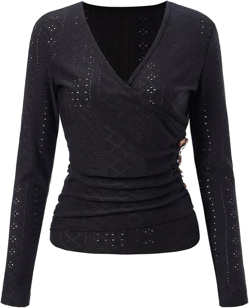 Women's Elegant Wrap V Neck T Shirts Eyelet Embroidery Ruched Long Sleeve Dressy Casual Tops