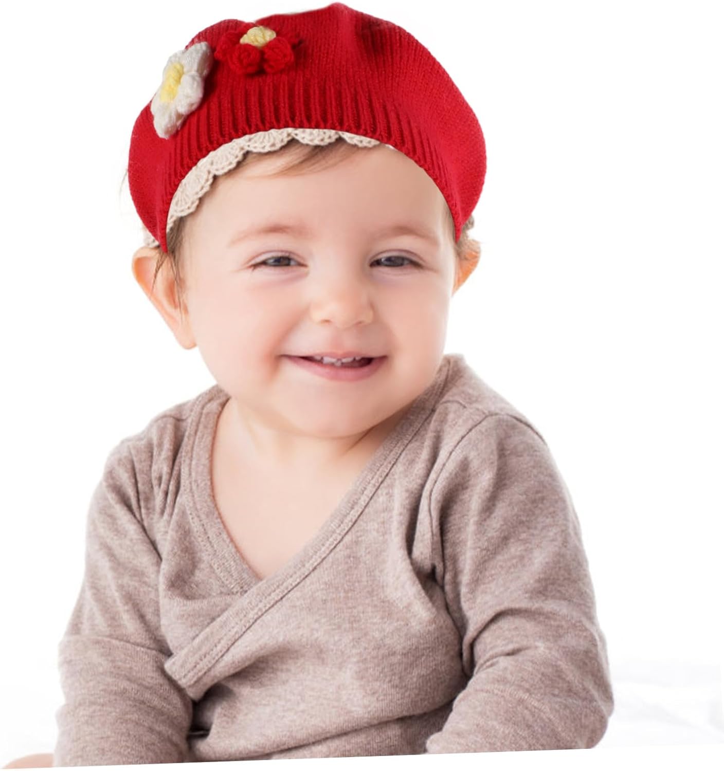 Girl Winter Beret Hat Knitted Beanie for Years Soft Warm French Style Flower Accent Autumn and Cold Weather Protection Red