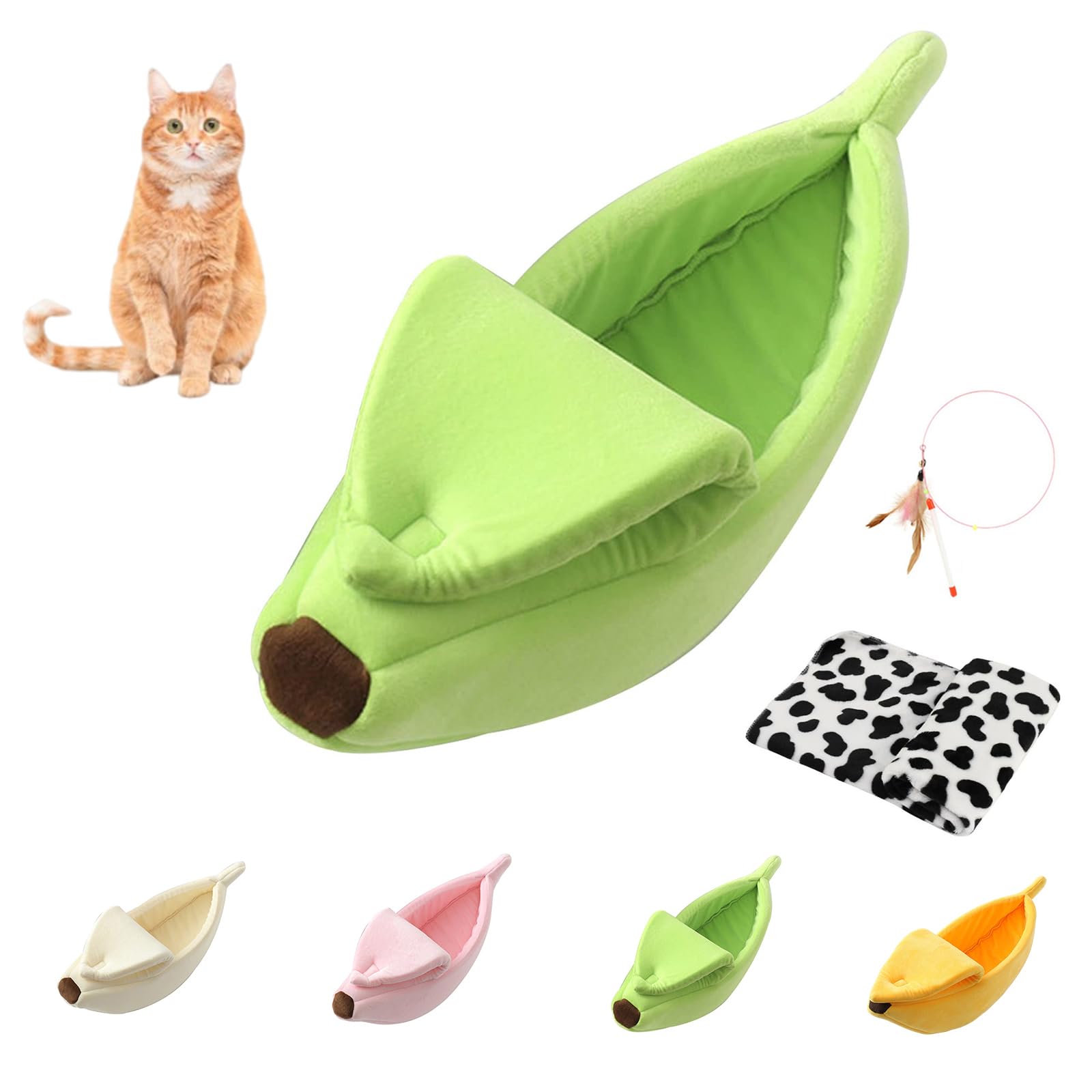 Banana Bed for Cats, Creative Banana Shape Pet Bed, Cute Breathable Cozy Warming Pet Sofa Bed for Cats Small Dogs Universal in All Seasons (Green+Blanket, 55 * 20 * 15cm)
