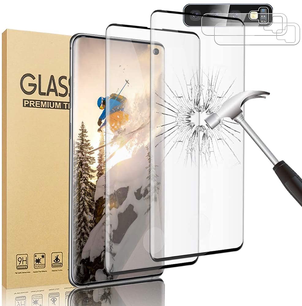 [2+2 Pack ] Galaxy S10 Screen Protector Tempered Glass, with 2 Pack Camera Lens Protector, 9H Hardness, Support Fingerprint, 3D Curved Glass Film For Samsung Galaxy S10 (6.1")