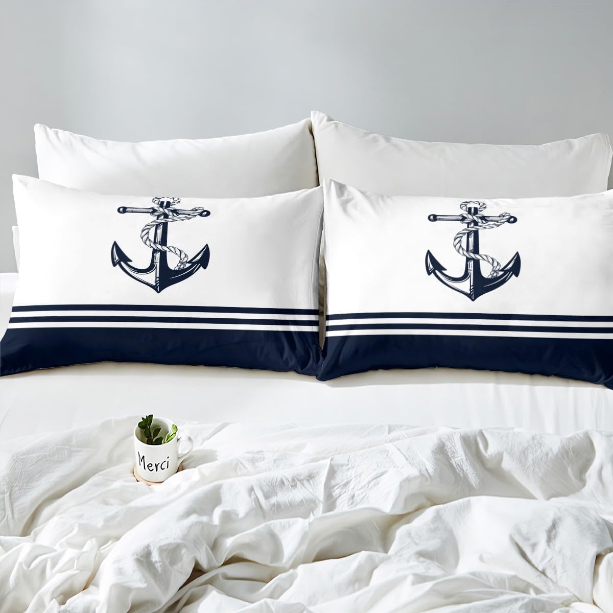 Homemissing Double Anchor Decoration Duvet Cover Soft Children's Navigation Decoration Theme Bedding Set Coastal Comforter Cover Set Ocean Adventure Navy Blue and White - Image 4