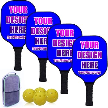 Custom Pickleballs Paddles Set Personalized Pickleballs Paddles with Comfort Grip, Customized with Photo Text Logo, Set Include 4 Pickleballs Paddles with 4 Balls and 1 Portable Carry Bag