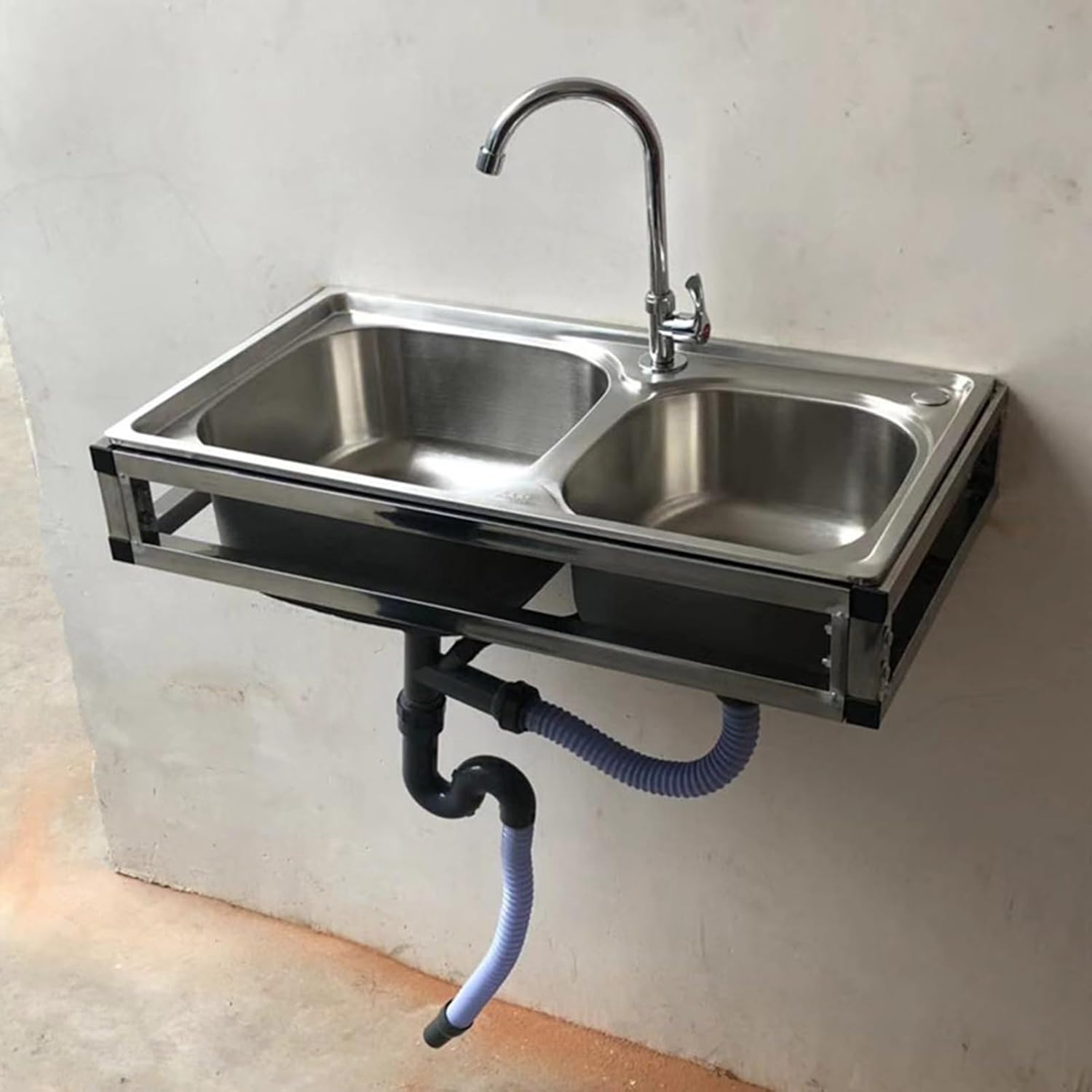 Laundry Sinks, Stainless Steel Wall Mounted Commercial Restaurant Sink, Basin with Faucet and Drain, Multipurpose Vanity Basin for Garage Restaurant Laundry Room Outdoor,Without Tap (With