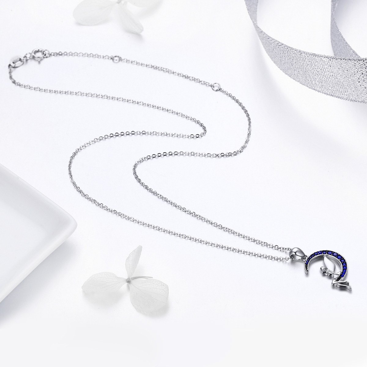 NewL Collar con colgante de plata de ley 925 con diseño de hada de la suerte en luna azul para mujer, joyería de regalo, Plata esterlina Tela Plata de ley, Circonia cúbica