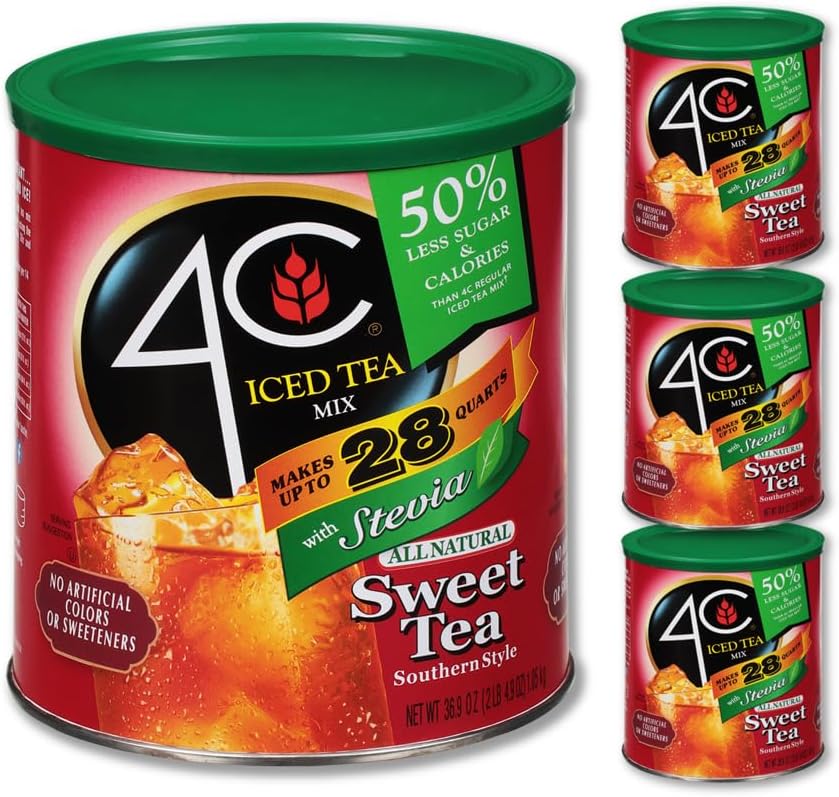 4C Reduced Sugar Powdered Drink Mix Canisters, Iced Tea, 28 Quarts, Family Sized Canister, Thirst Quenching & Refreshing Flavors (Sweet Tea, 36.9 Ounce (Pack of 3))