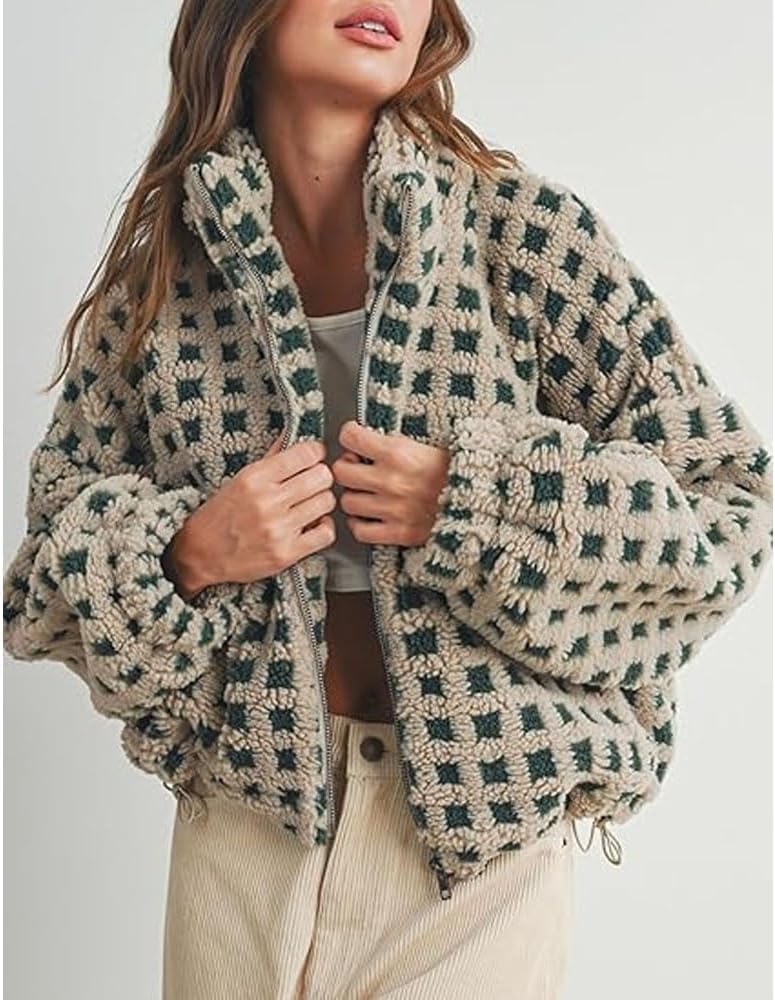 Fleece Jacket Women Lightweight Checkered Loose Quilted Long Sleeve Zip Up Puffer Coat Cardigan Winter Warm Outwear
