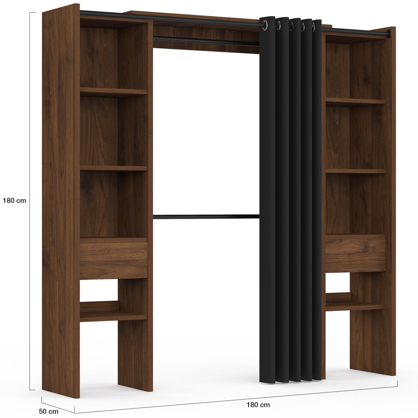 IDMarket - Dressing extensible double MERYL 120/180 x 50 x 180 cm noyer avec étagères + double penderie + rideau noir