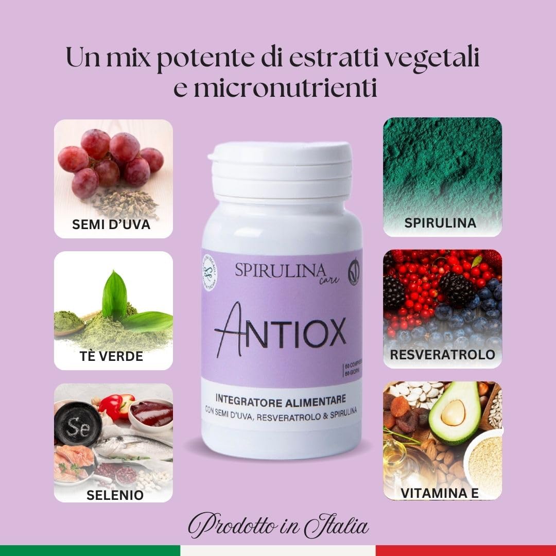 SPIRULINA BECAGLI - Semi d'uva (OPC) e Resveratrolo – Antiossidante per Pelle e Microcircolo con Spirulina, Tè Verde, Vitamina E e Selenio – 60 compresse da 800 mg