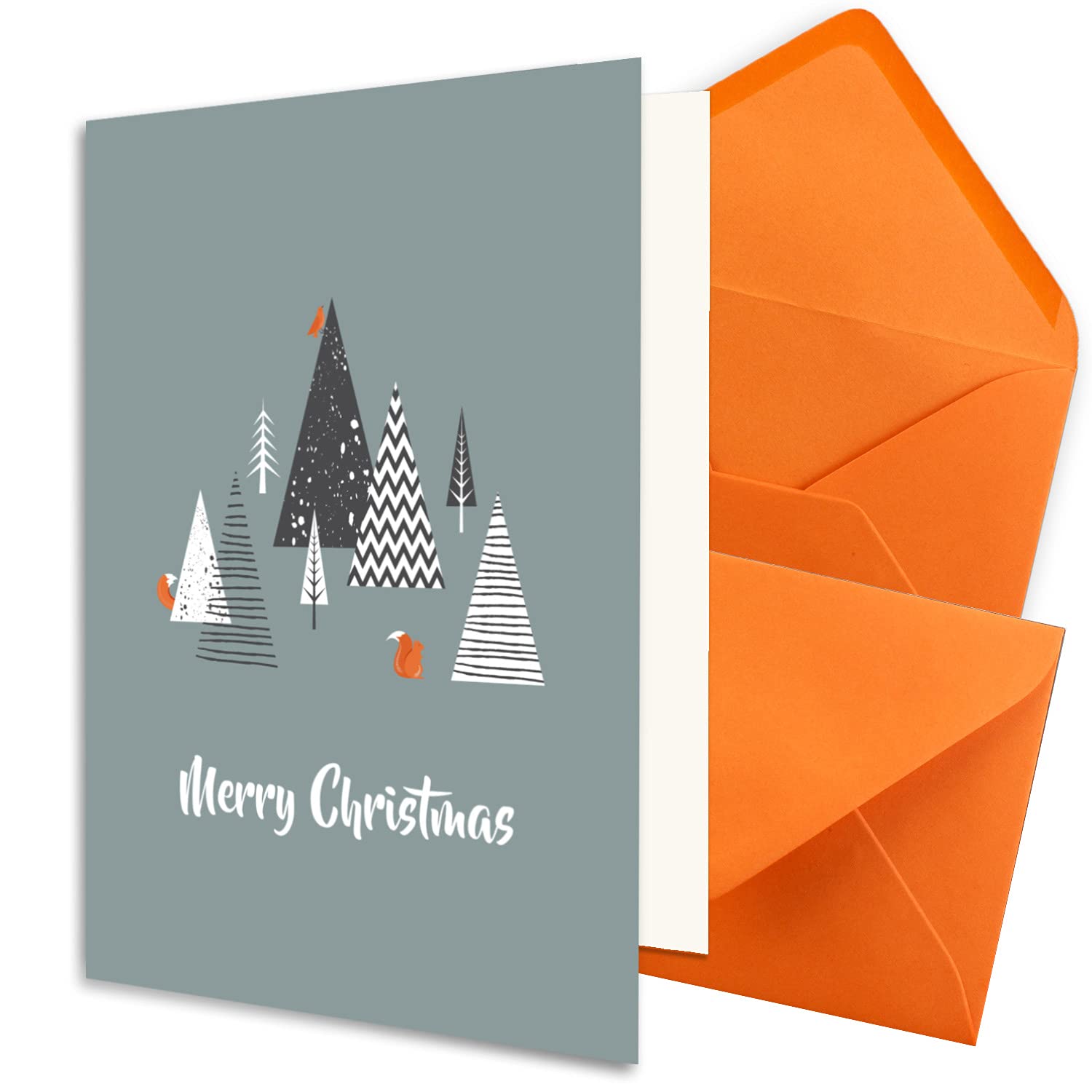 75x nachhaltiges Weihnachtskarten-Set DIN A6 in Blau mit Weihnachtsbäumen und Text - Faltkarten mit Umschlägen DIN C6 in Orange mit Nassklebung - Weihnachtsgrüße für Firmen und Privat