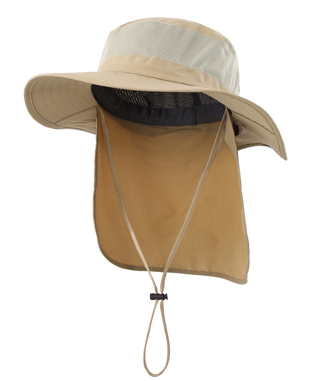 Magracy Unisex Mens Outdoor Wide Brim Sun Hat Mesh UPF50+ Safari Hats with Neck Flap Fishing Hats Khaki