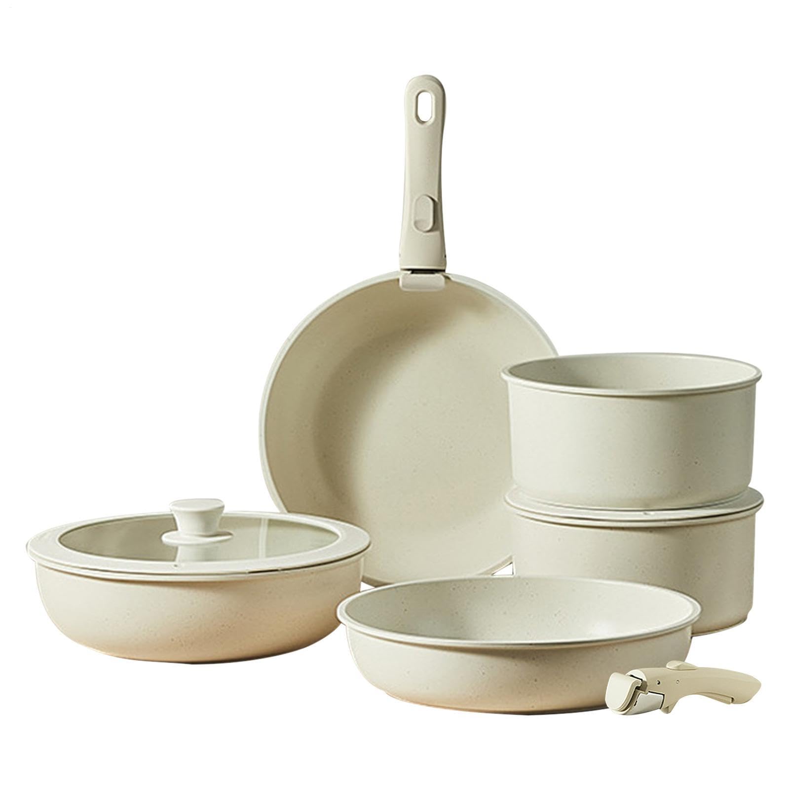 Batterie de cuisine sûre – Casseroles à poignée amovible, poêle à frire | antiadhésive, collection d'ustensiles de cuisine blanc crème | Ensemble de casseroles à poignée amovible, équipement culinair